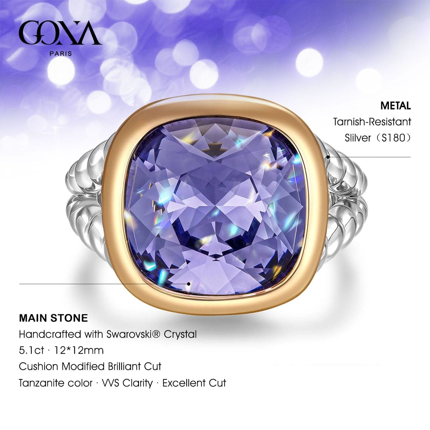 Created With Swarovski® Crystals - Cushion Modified Brilliant Cut Tanzanite Color Classic Engagement Ring Two-Tone Plating