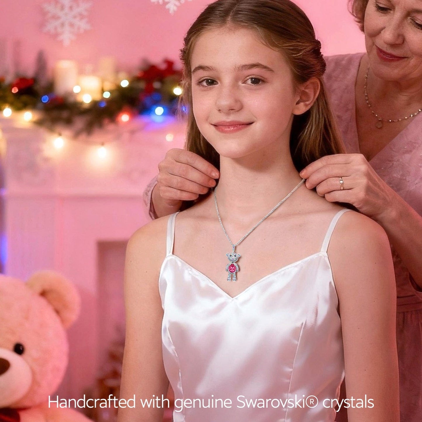 Forever Teddy Bear Pendant Rope Chain Necklace In White Gold Plated - Created With SWAROVSKI® Crystals