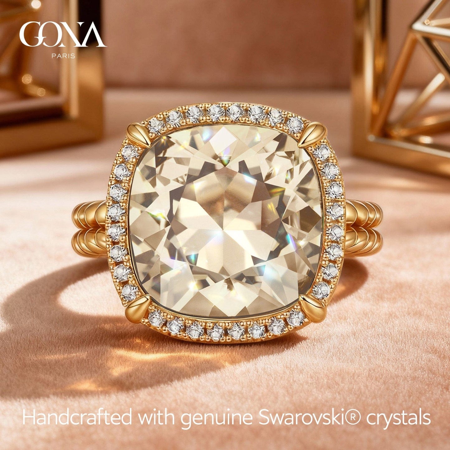 Created With Swarovski® Crystals - Cushion Modified Brilliant Cut Golden Shadow Color Halo Classic Engagement Ring 14K Yellow Gold Plated
