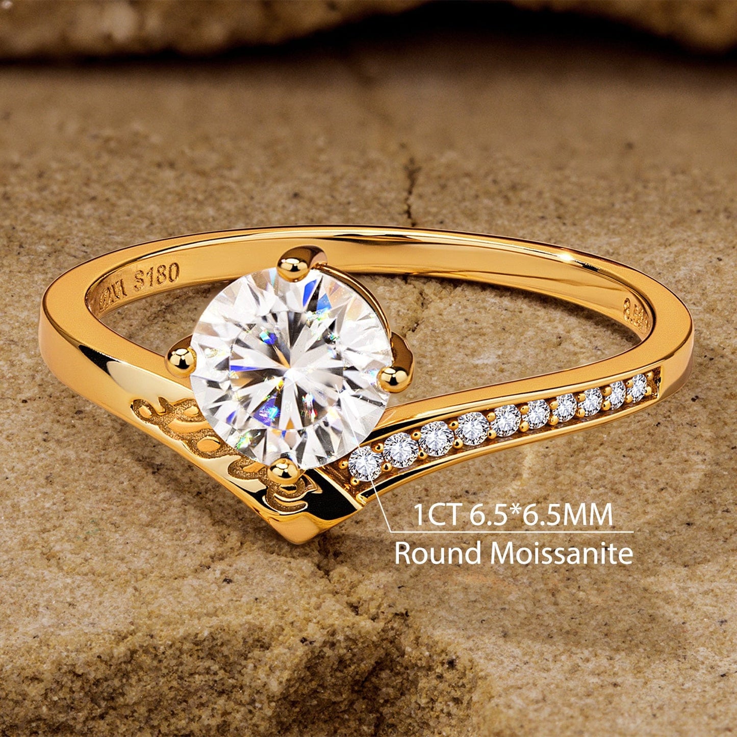 Lab-Certified Round Brilliant Cut Moissanite - Hidden Halo Classic Engagement Ring 14K Yellow Gold Plated (Includes GRA Certification from Gemological Research Association)