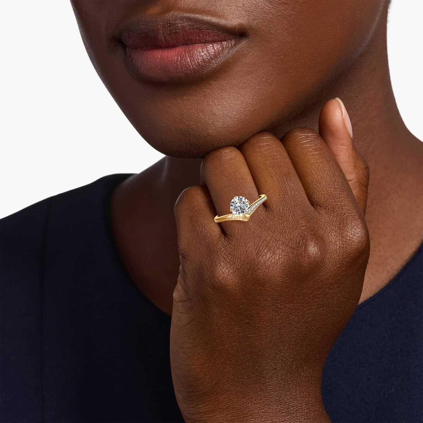Lab-Certified Round Brilliant Cut Moissanite - Hidden Halo Classic Engagement Ring 14K Yellow Gold Plated (Includes GRA Certification from Gemological Research Association)