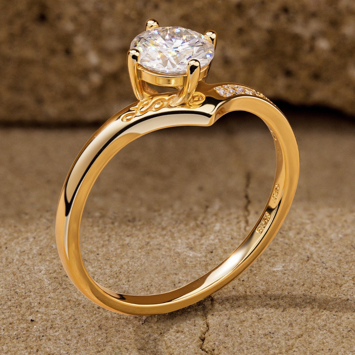Lab-Certified Round Brilliant Cut Moissanite - Hidden Halo Classic Engagement Ring 14K Yellow Gold Plated (Includes GRA Certification from Gemological Research Association)