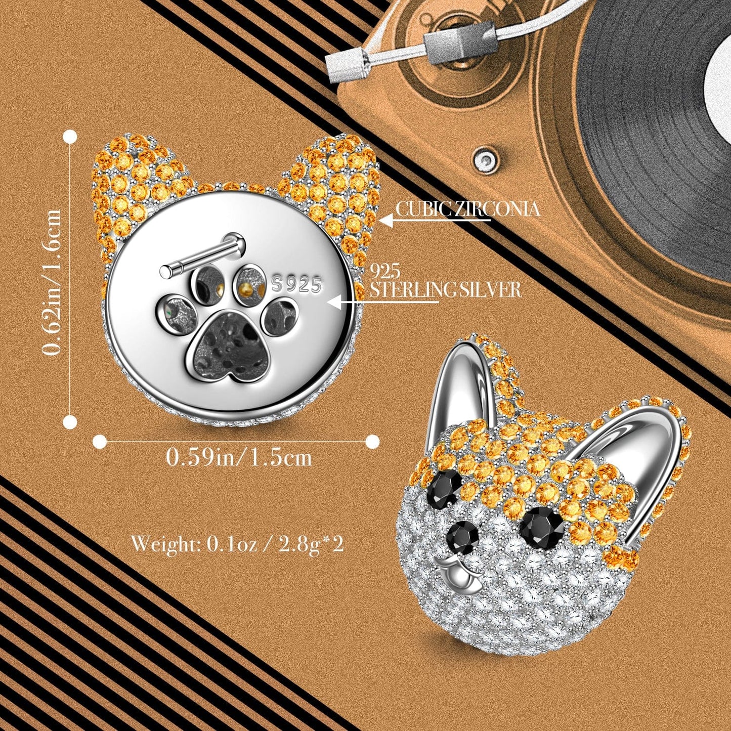 Sterling Silver Cute Chihuahua Furry Animal Earrings In White Gold Plated