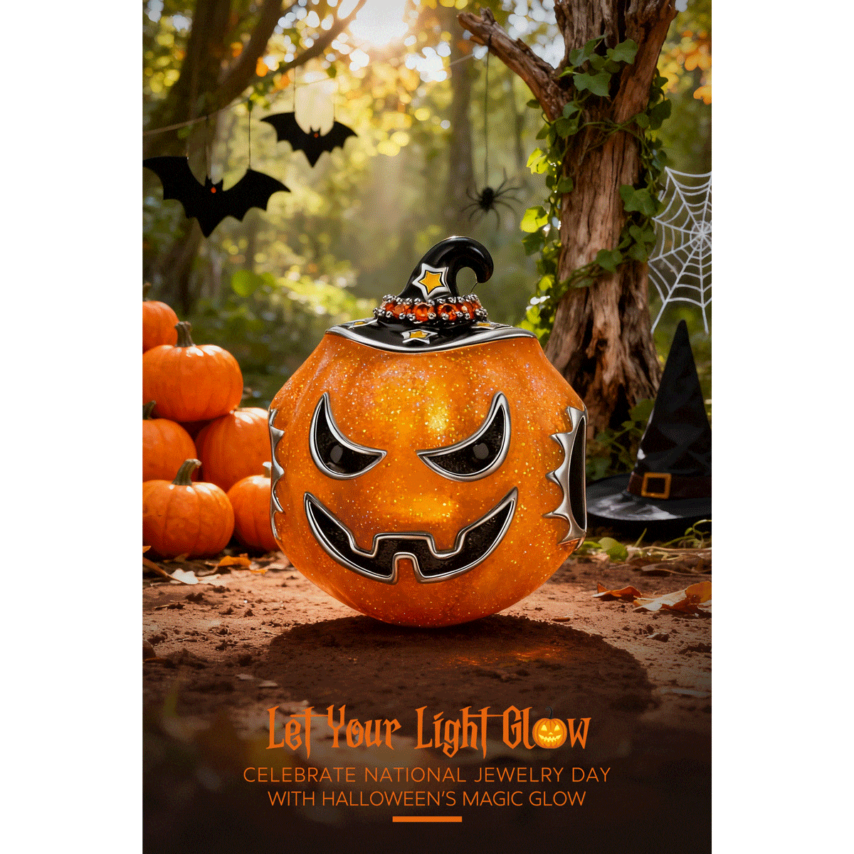 Luminous Orange Pumpkin Man Tarnish-resistant Silver Charms With Enamel In 14K Gold Plated
