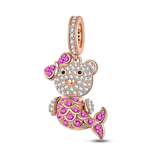 gon- Pink Mermaid Bear Tarnish-resistant Silver Dangle Charms With Enamel In Rose Gold Plated