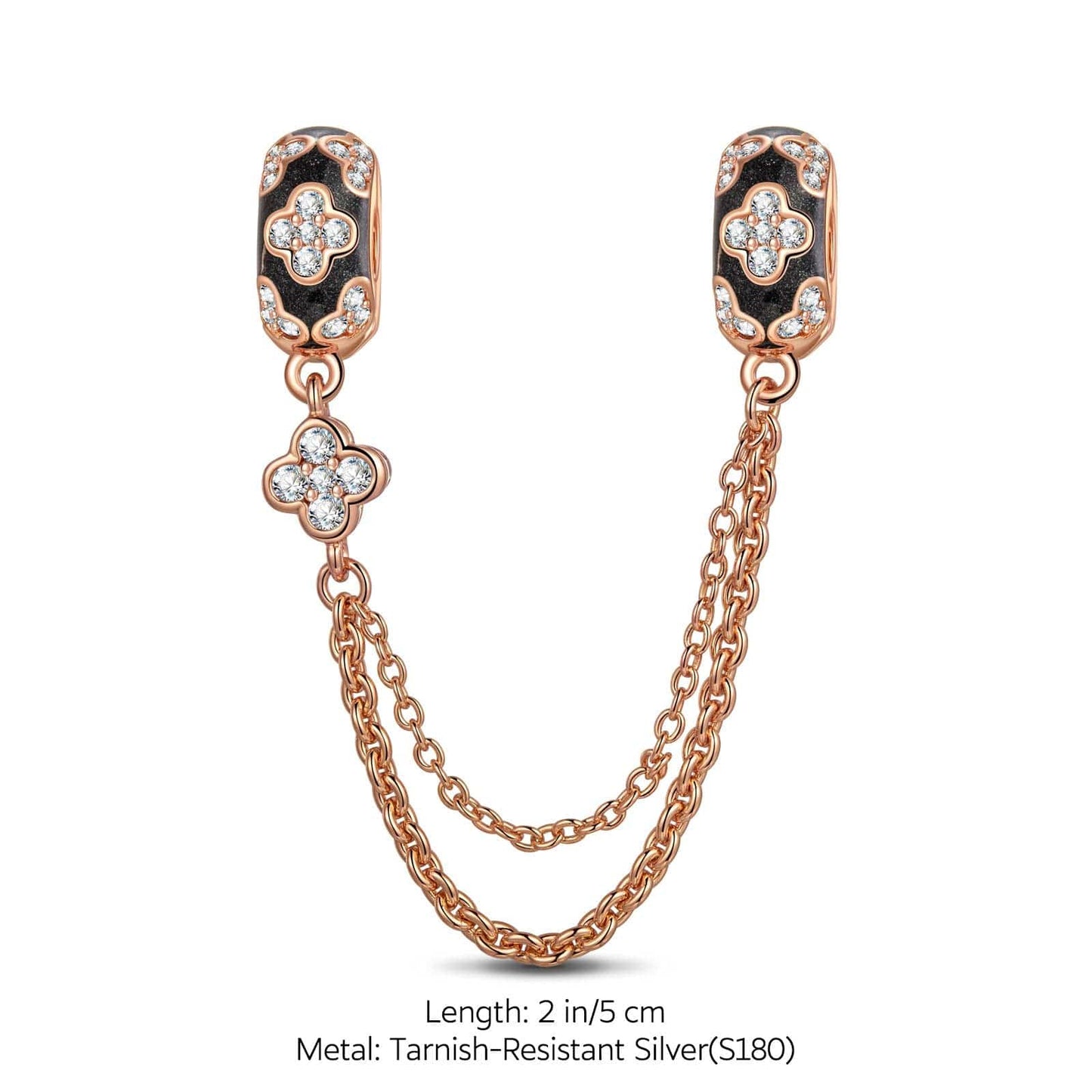 Four Leaf Clover Tarnish-resistant Silver Safety Chain With Enamel In Rose Gold Plated