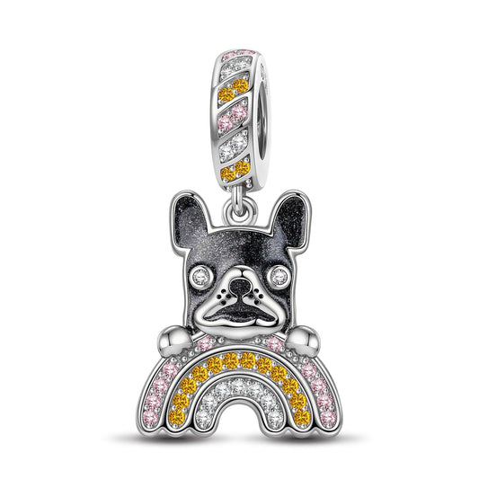 gona- Rainbow French BullDog Tarnish-resistant Silver Animal Dangle Charms With Enamel In White Gold Plated