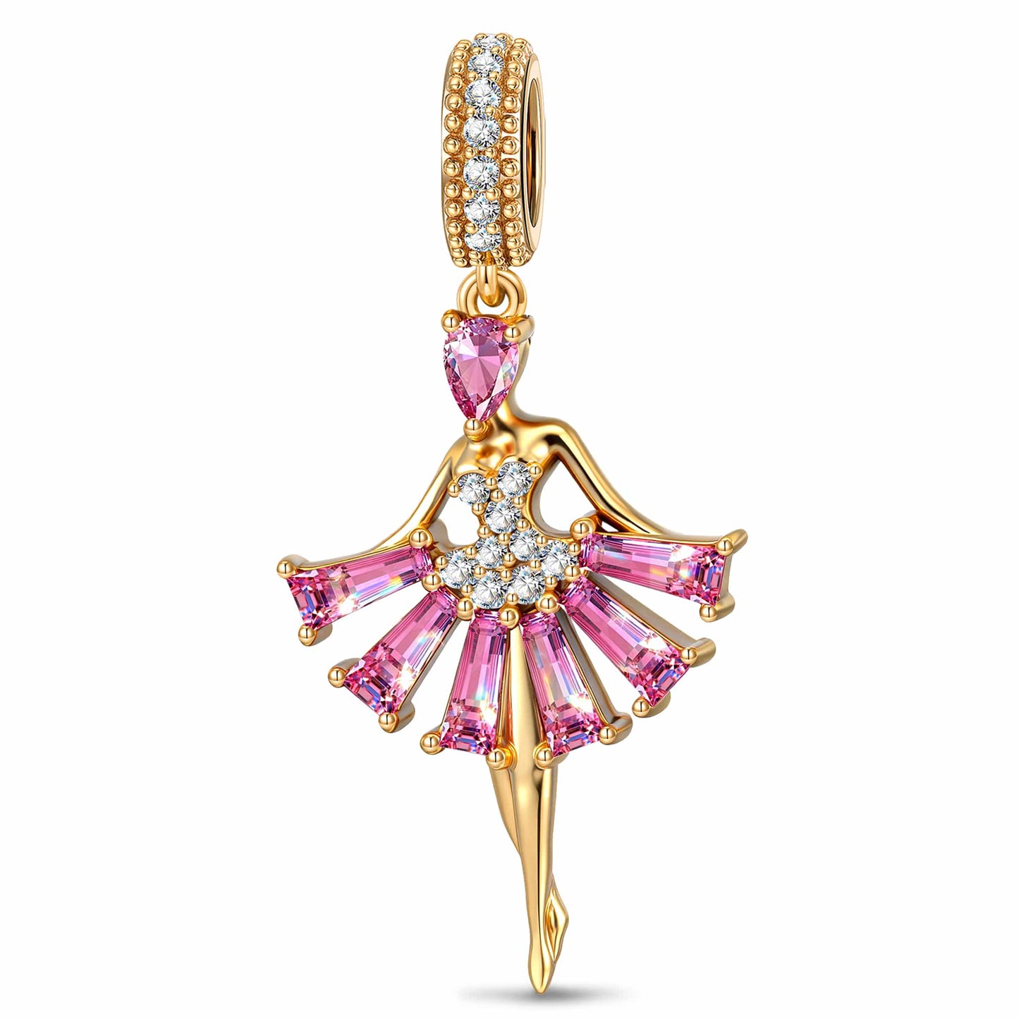 Pink Ballerina Dancer Tarnish-Resistant Silver Charm In 14K Gold Plated