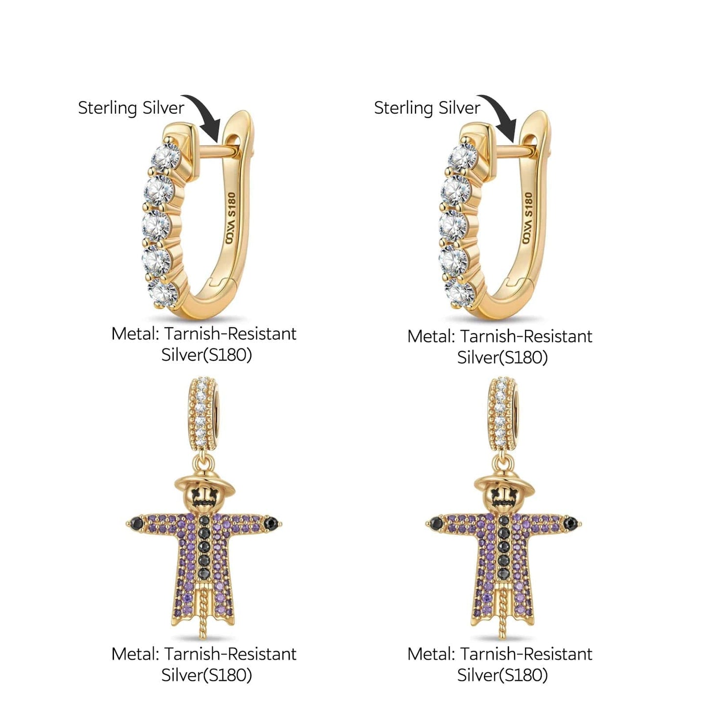 Skeleton Sentinel Tarnish-resistant Silver Charms Earrings Set In 14K Gold Plated