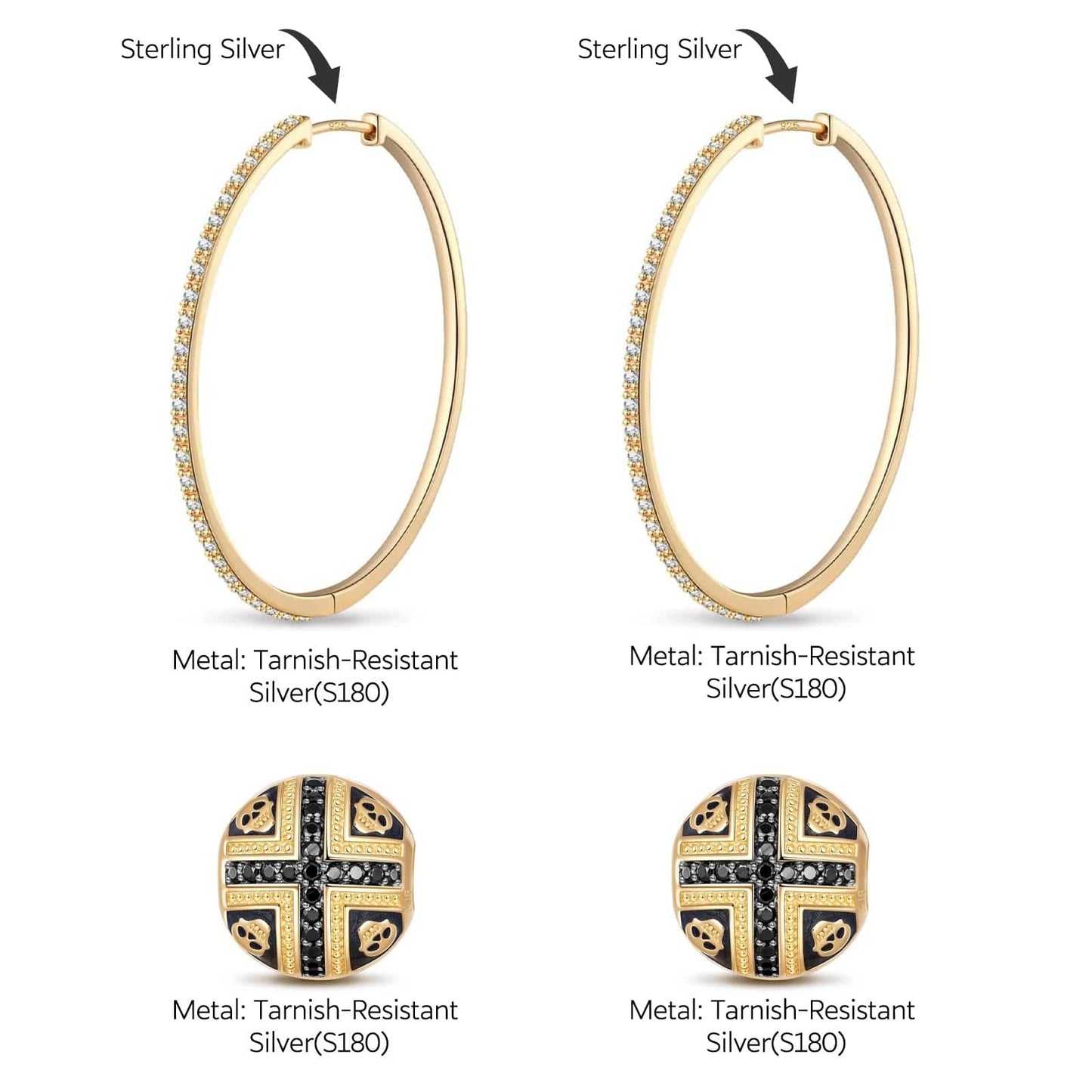 Skull And Crossbones Tarnish-resistant Silver Charms Earrings Set With Enamel In 14K Gold Plated