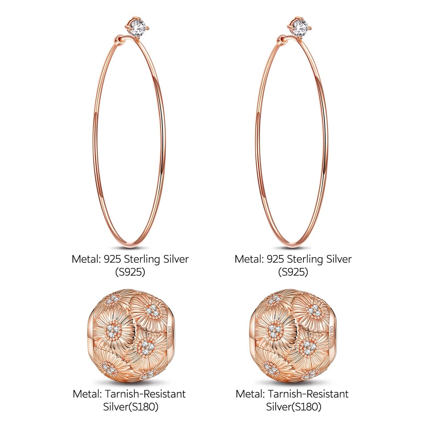 Sterling Silver Daisy Hoop Earrings In Rose Gold Plated