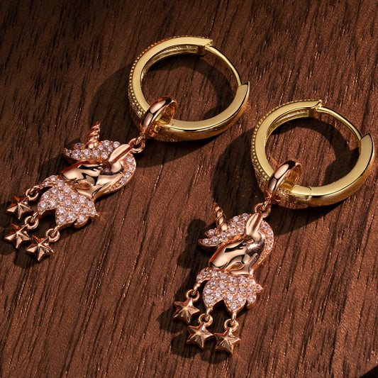 gon- Sterling Silver Pink Unicorn Charms Earrings Set, Featuring Dual Plating in Rose Gold and 14K Gold
