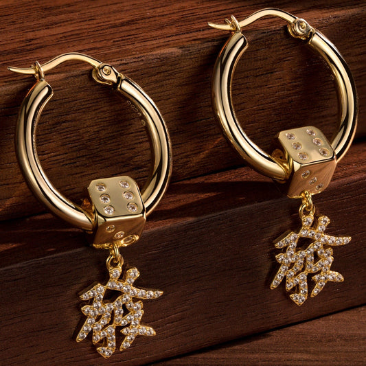 gon- Sterling Silver Mahjong Dice Charms Earrings Set In 14K Gold Plated
