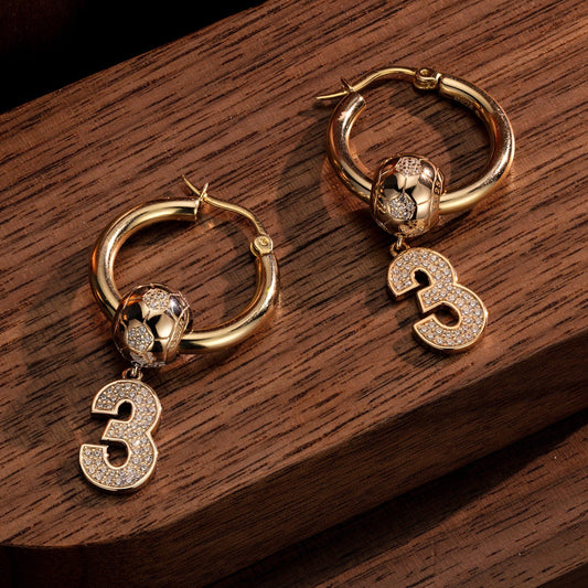 gon- Sterling Silver Number 3 Golden Football Charms Earrings Set In 14K Gold Plated