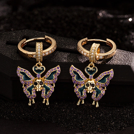 gona- Sterling Silver Macabre Monarch Charms Earrings Set With Enamel In 14K Gold Plated