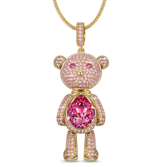 gona- Sterling Silver Forever Teddy Bear Pendant Link Chain Necklace In 14K Gold Plated - Created With SWAROVSKI® Crystals