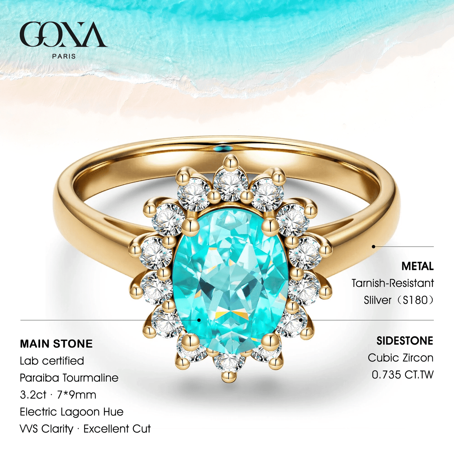 Oval Brilliant Cut Electric Lagoon Hue Lab-Certified Paraiba Tourmaline - Halo Classic Engagement Ring 14K Yellow Gold Plated (Includes GRC Certification from Gemstone Research Center)