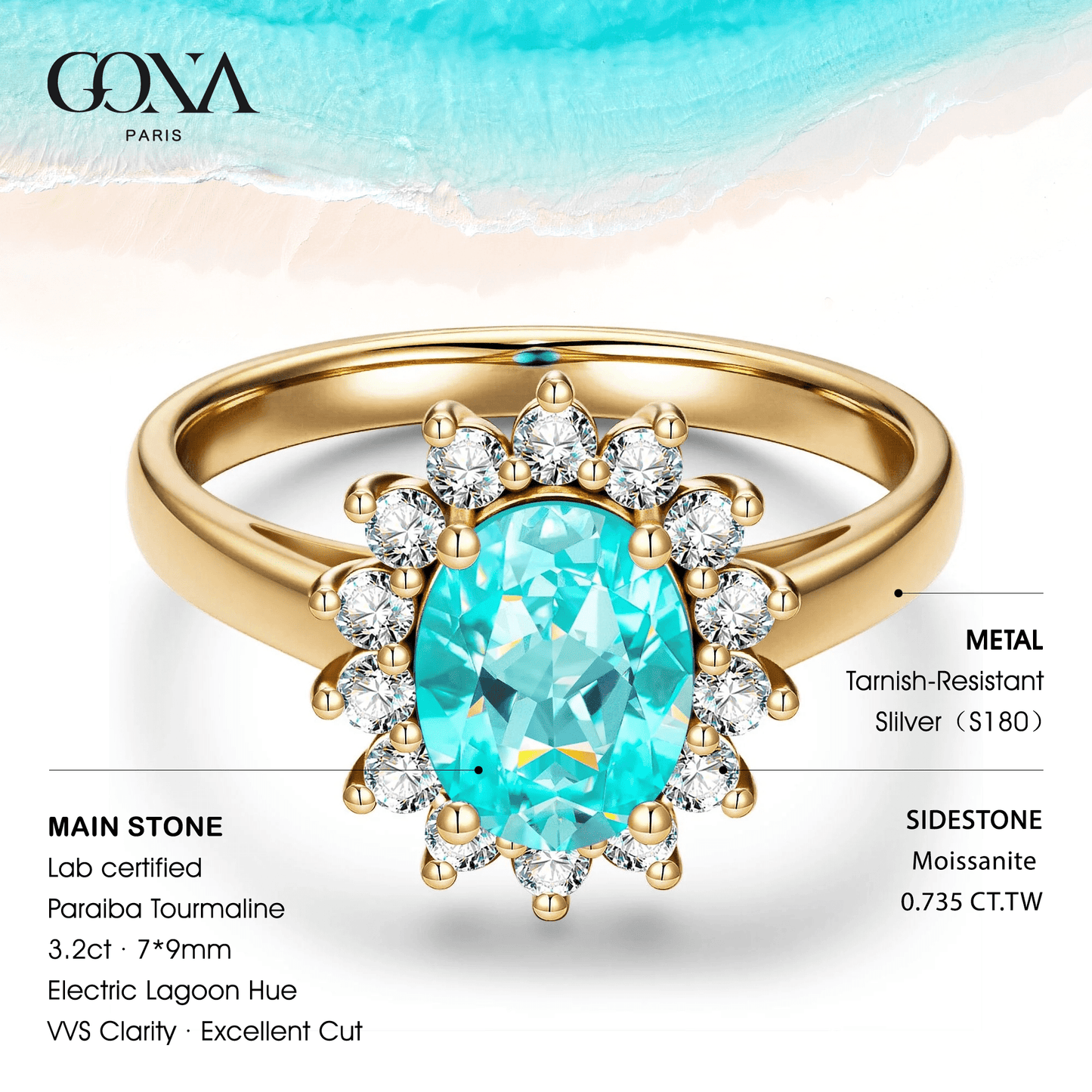 Oval Brilliant Cut Electric Lagoon Hue Lab-Certified Paraiba Tourmaline - Halo Classic Engagement Ring 14K Yellow Gold Plated (Includes GRC Certification from Gemstone Research Center)