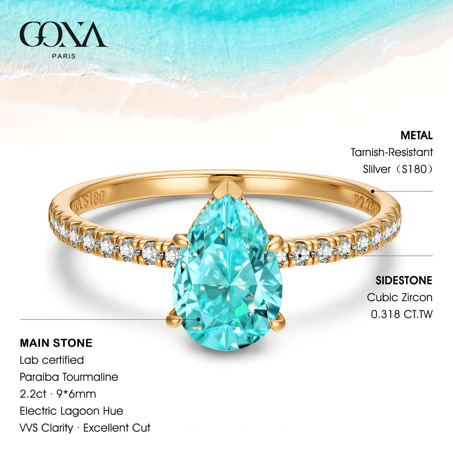 Pear Brilliant Cut Electric Lagoon Hue Lab-Certified Paraiba Tourmaline - Pave Classic Engagement Ring 14K Yellow Gold Plated (Includes GRC Certification from Gemstone Research Center)