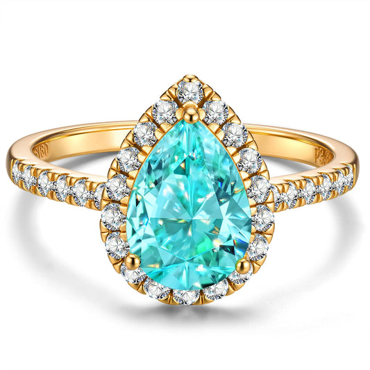 gona- Pear Brilliant Cut Electric Lagoon Hue Lab-Certified Paraiba Tourmaline - Halo Classic Engagement Ring 14K Yellow Gold Plated (Includes GRC Certification from Gemstone Research Center)