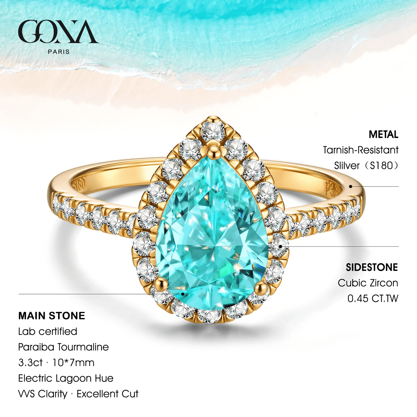 Pear Brilliant Cut Electric Lagoon Hue Lab-Certified Paraiba Tourmaline - Halo Classic Engagement Ring 14K Yellow Gold Plated (Includes GRC Certification from Gemstone Research Center)