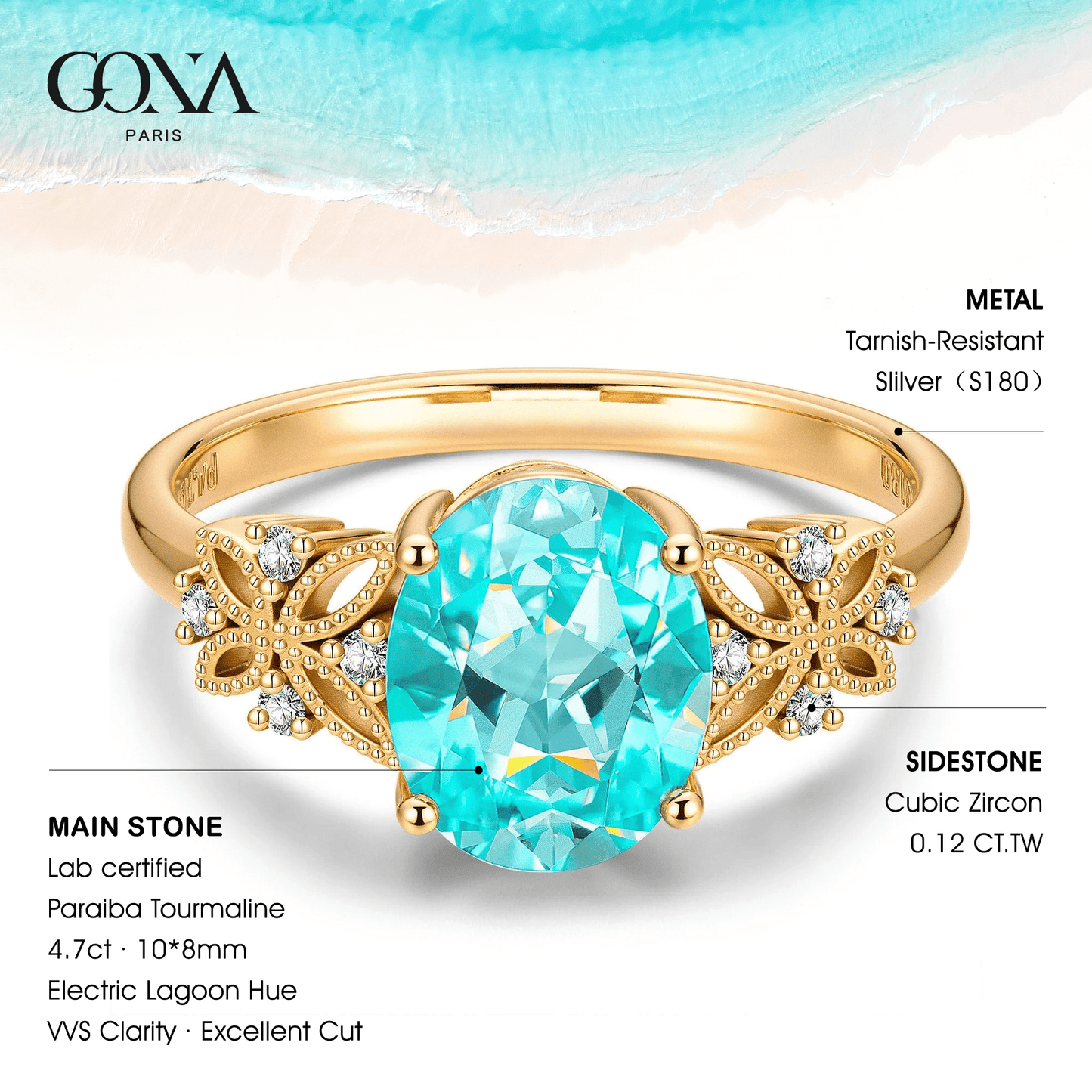 Oval Brilliant Cut Electric Lagoon Hue Lab-Certified Paraiba Tourmaline - Pave Classic Engagement Ring 14K Yellow Gold Plated (Includes GRC Certification from Gemstone Research Center)