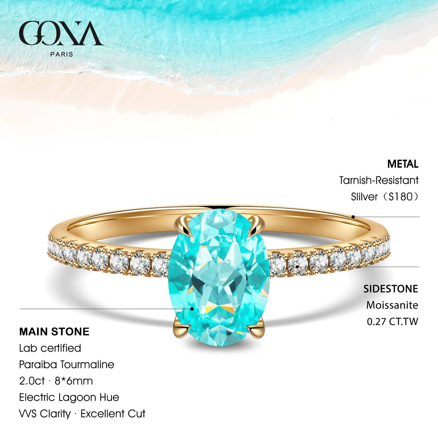 Oval Brilliant Cut Electric Lagoon Hue Lab-Certified Paraiba Tourmaline - Pave Classic Engagement Ring 14K Yellow Gold Plated (Includes GRC Certification from Gemstone Research Center)