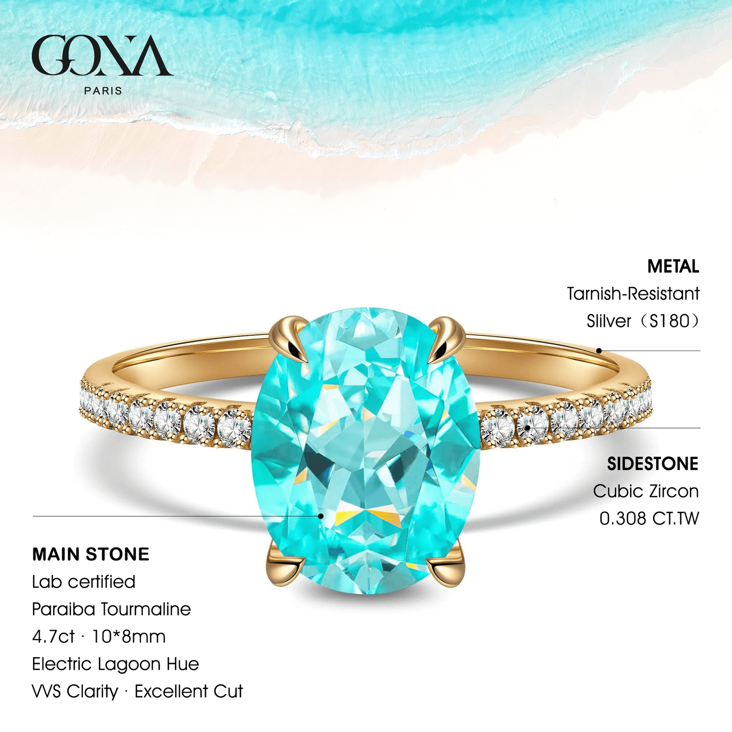 Oval Brilliant Cut Electric Lagoon Hue Lab-Certified Paraiba Tourmaline - Pave Classic Engagement Ring 14K Yellow Gold Plated (Includes GRC Certification from Gemstone Research Center)