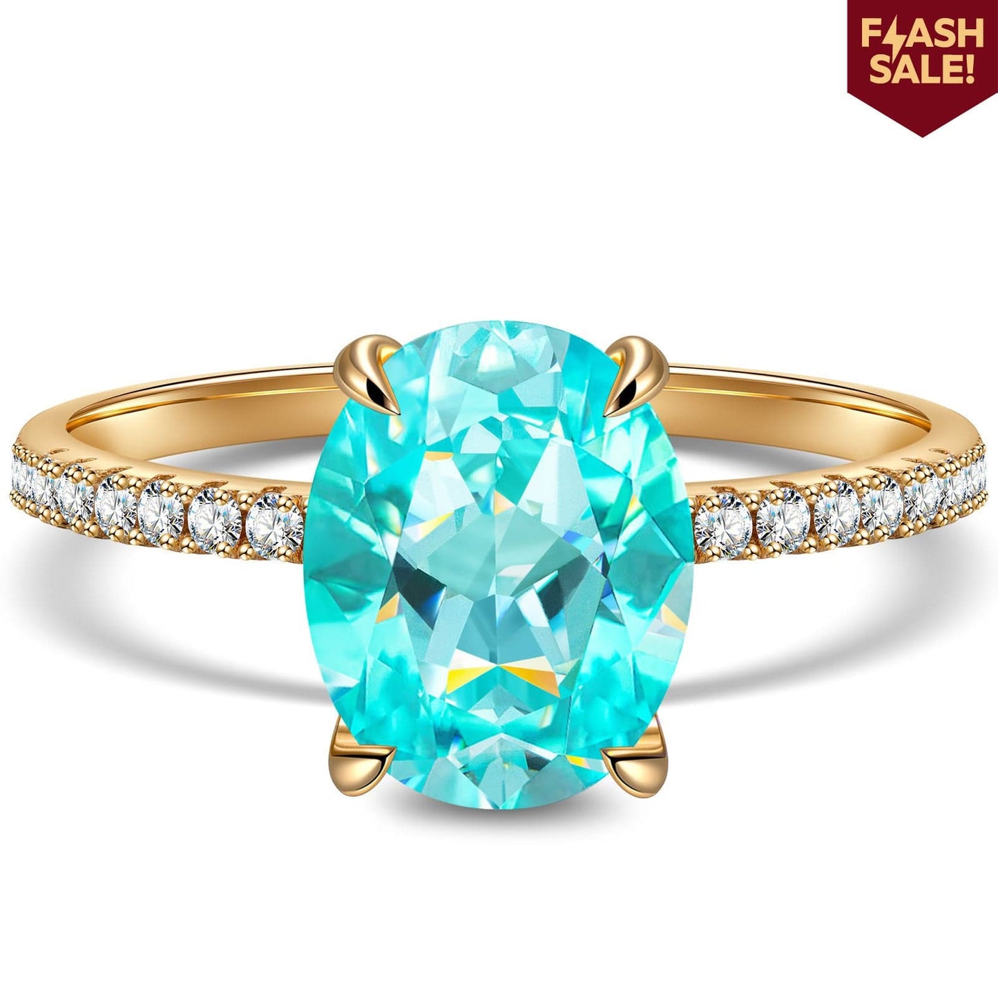 Oval Brilliant Cut Electric Lagoon Hue Lab-Certified Paraiba Tourmaline - Pave Classic Engagement Ring 14K Yellow Gold Plated (Includes GRC Certification from Gemstone Research Center)