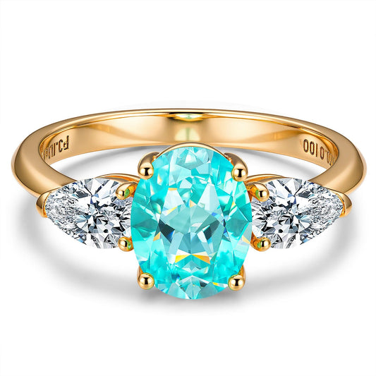 gona- Oval Brilliant Cut Electric Lagoon Hue Lab-Certified Paraiba Tourmaline - Three Stone Classic Engagement Ring 14K Yellow Gold Plated (Includes GRC Certification from Gemstone Research Center)