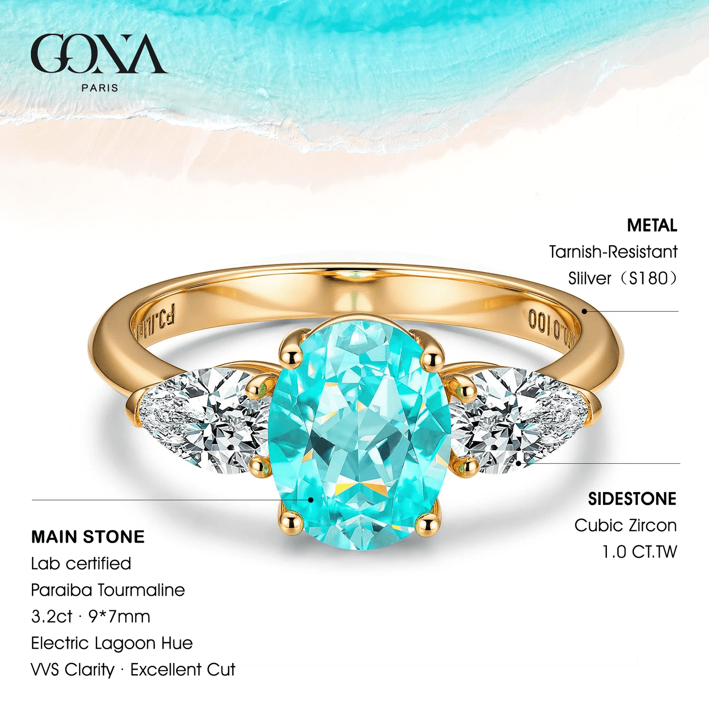 Oval Brilliant Cut Electric Lagoon Hue Lab-Certified Paraiba Tourmaline - Three Stone Classic Engagement Ring 14K Yellow Gold Plated (Includes GRC Certification from Gemstone Research Center)