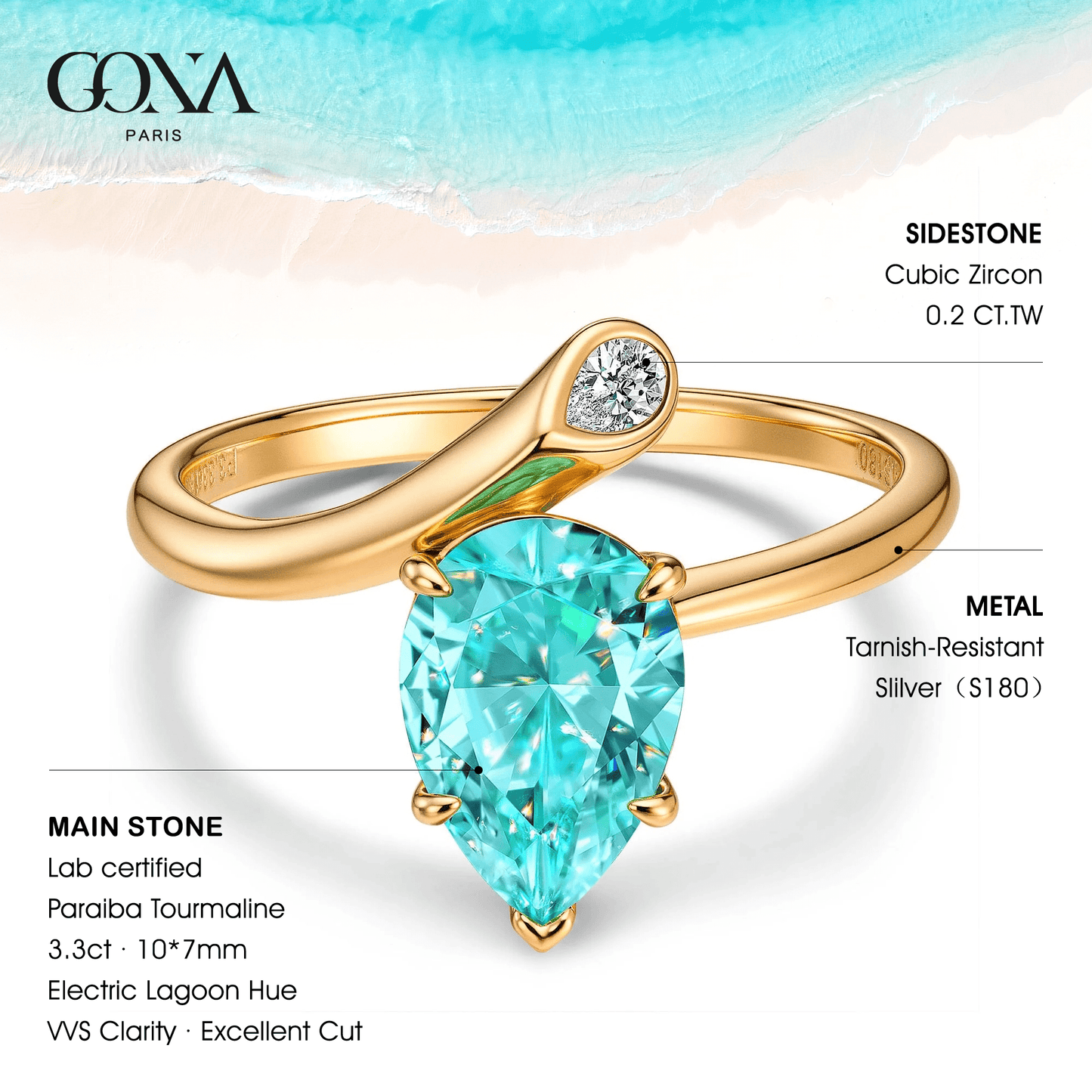 Pear Brilliant Cut Electric Lagoon Hue Lab-Certified Paraiba Tourmaline - Classic Engagement Ring 14K Yellow Gold Plated (Includes GRC Certification from Gemstone Research Center)