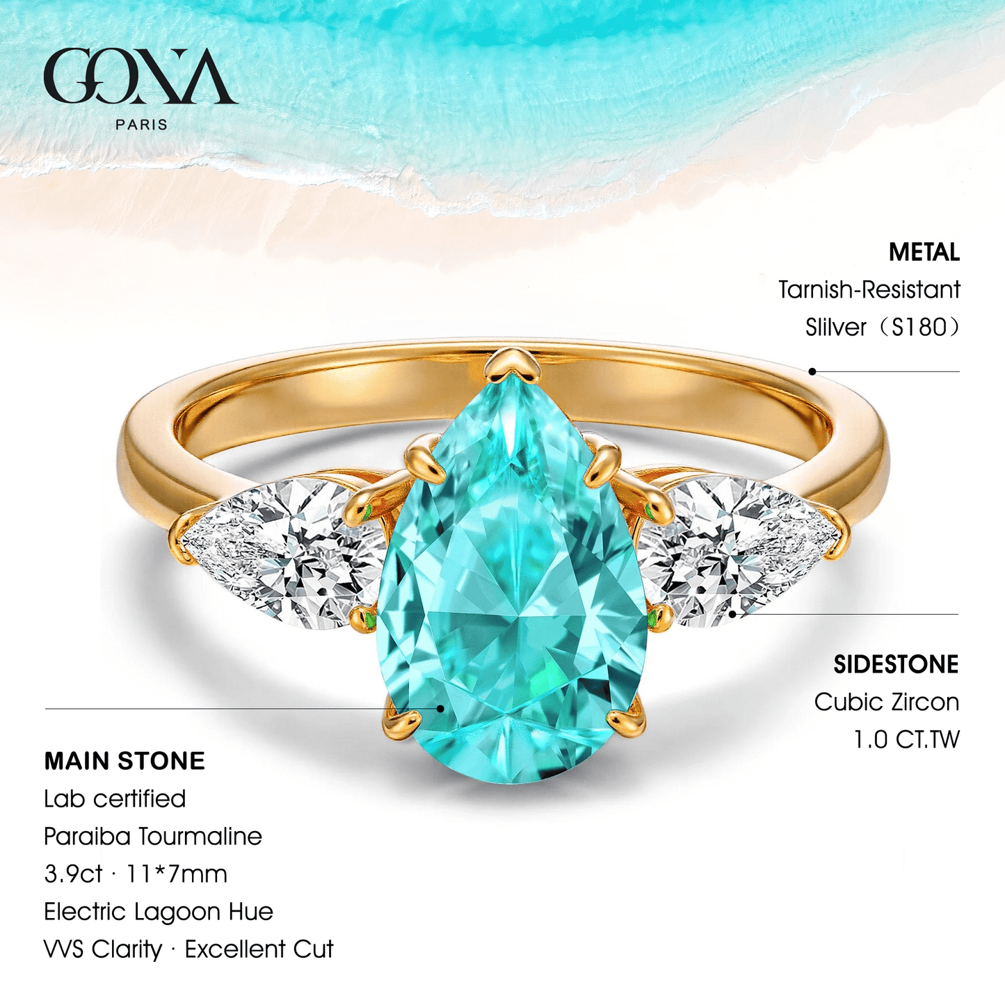 Pear Brilliant Cut Electric Lagoon Hue Lab-Certified Paraiba Tourmaline - Three Stone Classic Engagement Ring 14K Yellow Gold Plated (Includes GRC Certification from Gemstone Research Center)