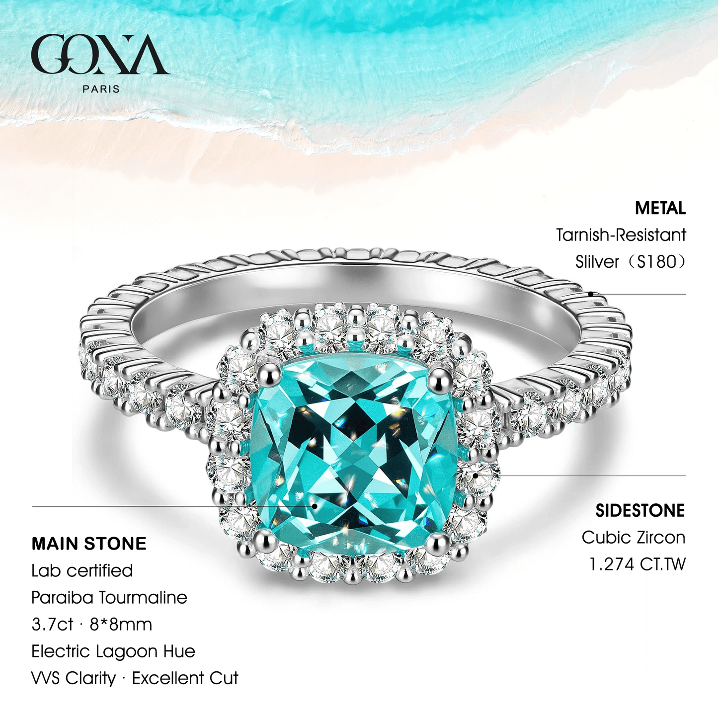 Cushion Cut Electric Lagoon Hue Lab-Certified Paraiba Tourmaline - Halo Classic Engagement Ring White Gold Plated (Includes GRC Certification from Gemstone Research Center)