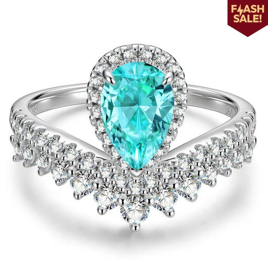 gona- Pear Brilliant Cut Electric Lagoon Hue Lab-Certified Paraiba Tourmaline - Halo Classic Engagement Ring White Gold Plated (Includes GRC Certification from Gemstone Research Center)
