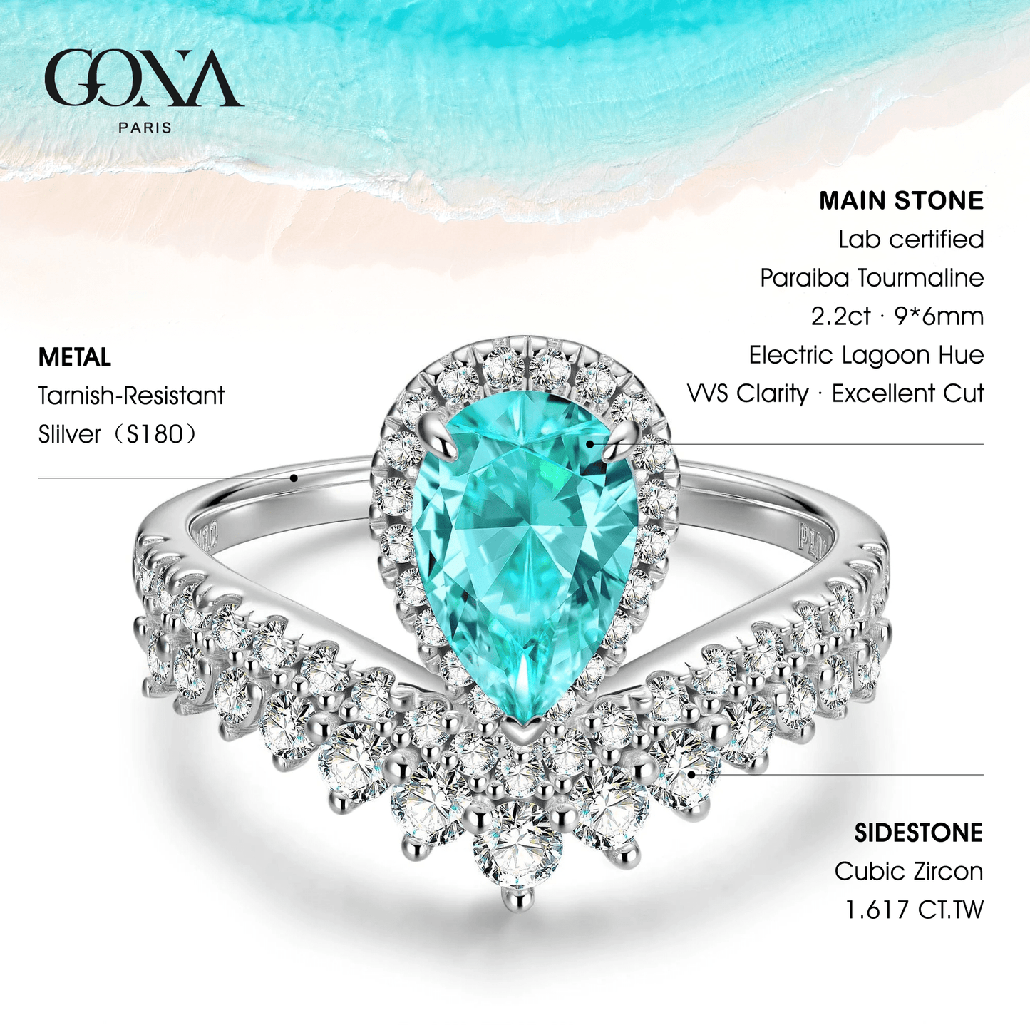 Pear Brilliant Cut Electric Lagoon Hue Lab-Certified Paraiba Tourmaline - Halo Classic Engagement Ring White Gold Plated (Includes GRC Certification from Gemstone Research Center)