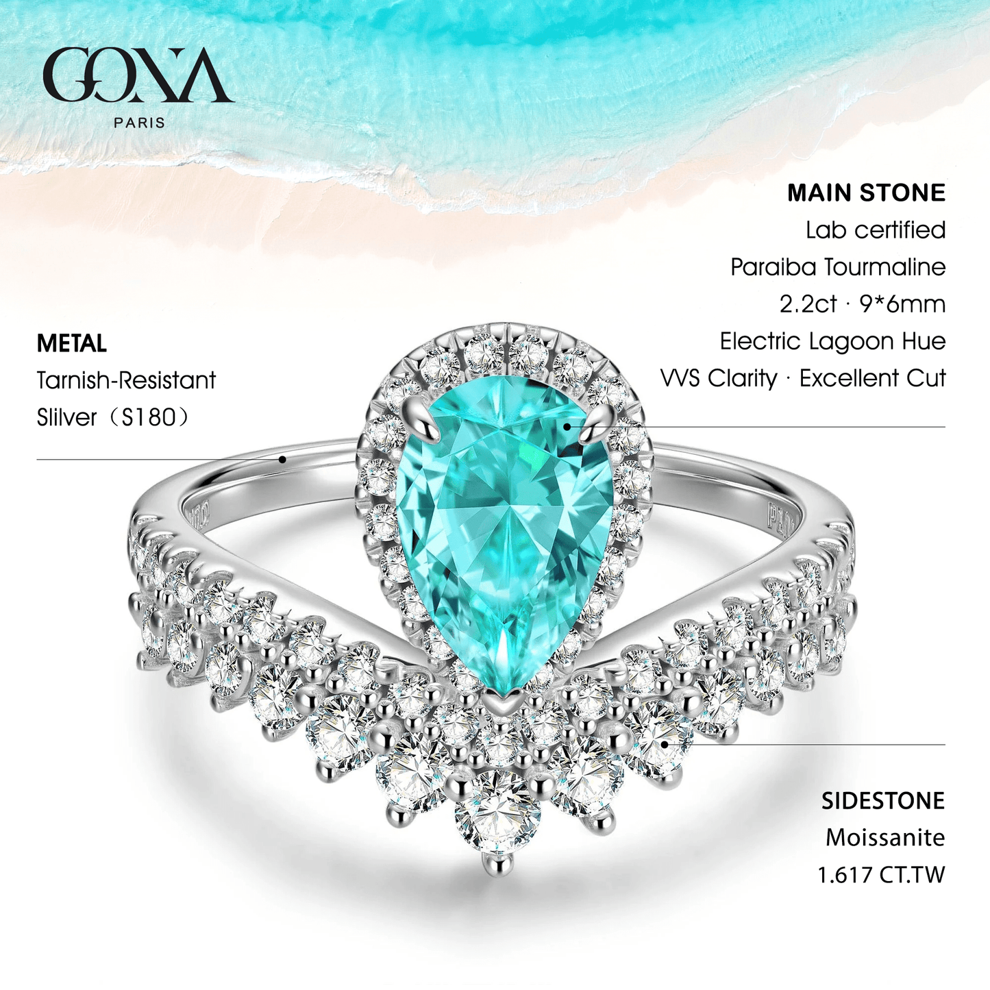 Pear Brilliant Cut Electric Lagoon Hue Lab-Certified Paraiba Tourmaline - Halo Classic Engagement Ring White Gold Plated (Includes GRC Certification from Gemstone Research Center)