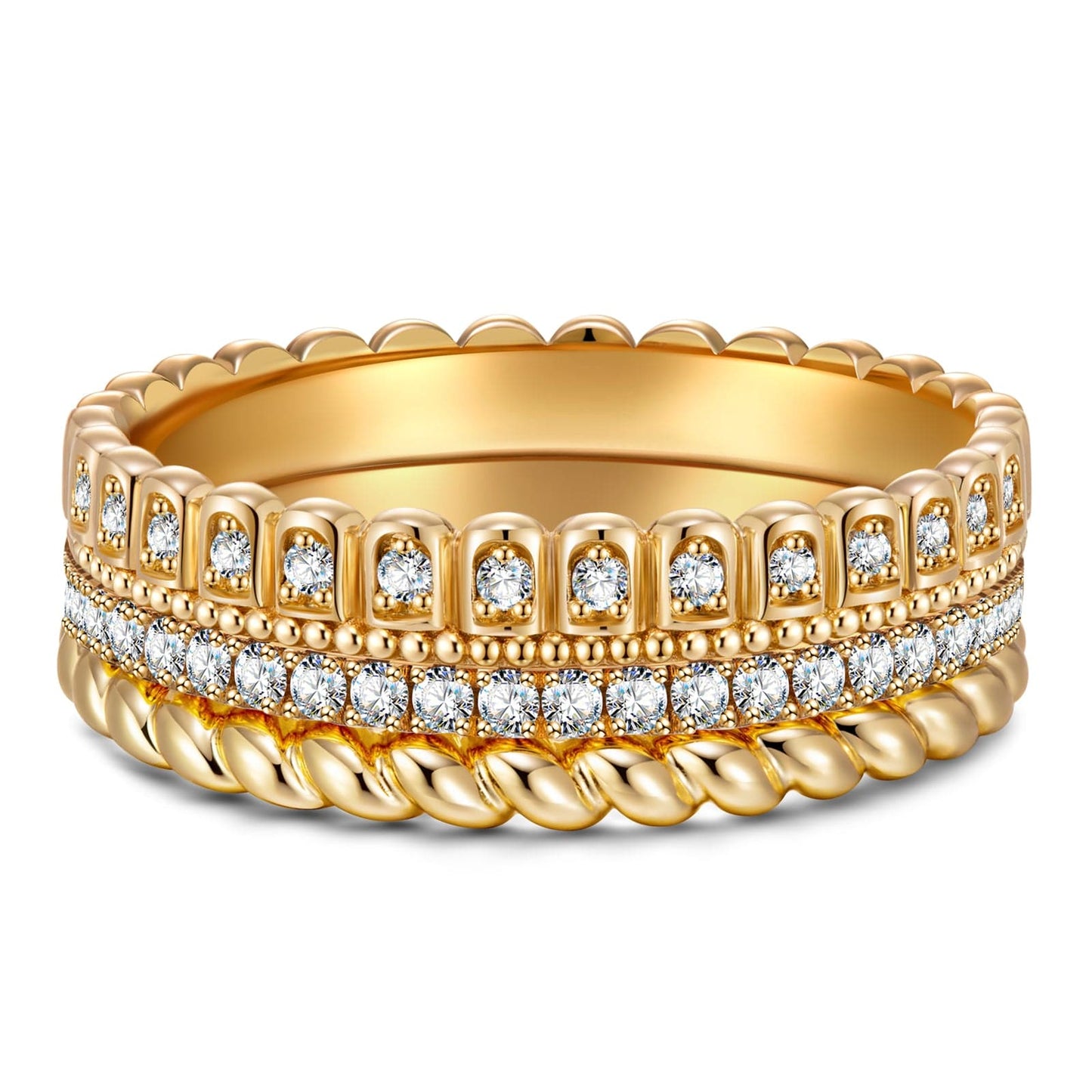 The Destiny Band Ring Round Brilliant Cut Diamond White Lab Zircon Stackable Rings Set Wedding Rings - Forever Wedding Bands 14K Yellow Gold Plated