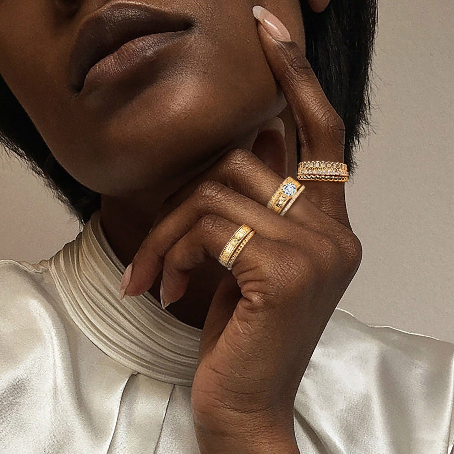 The Destiny Band Ring Round Brilliant Cut Diamond White Lab Zircon Stackable Rings Set Wedding Rings - Forever Wedding Bands 14K Yellow Gold Plated