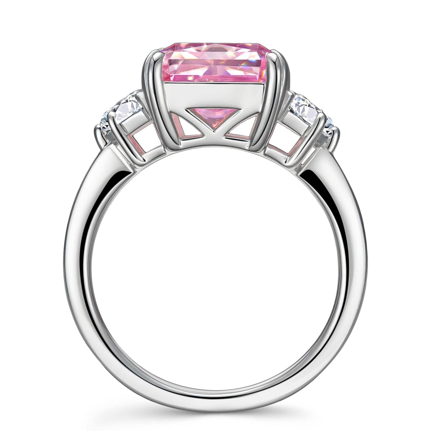 Radiant IceScape Crystal Cut Fancy Vivid Pink Frostfire Zirconia - Three Stone Classic Engagement Ring White Gold Plated