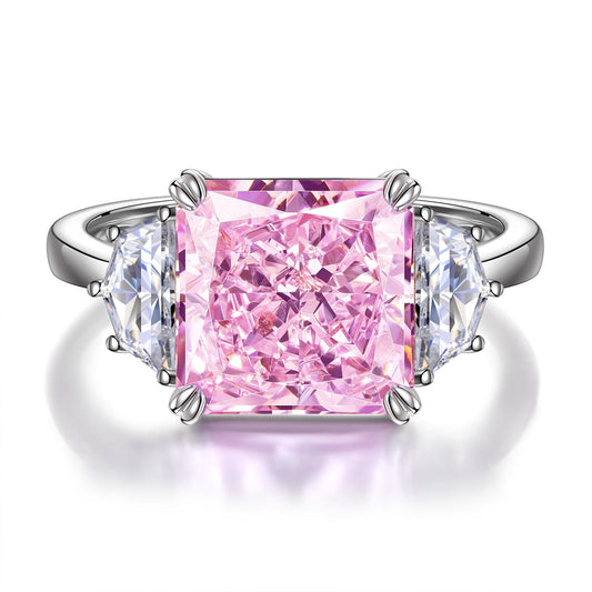gona- Radiant Modified Brilliant Cut Fancy Vivid Pink Ice-Frosted Sparkle Lab Zircon - Three Stone Classic Engagement Ring White Gold Plated
