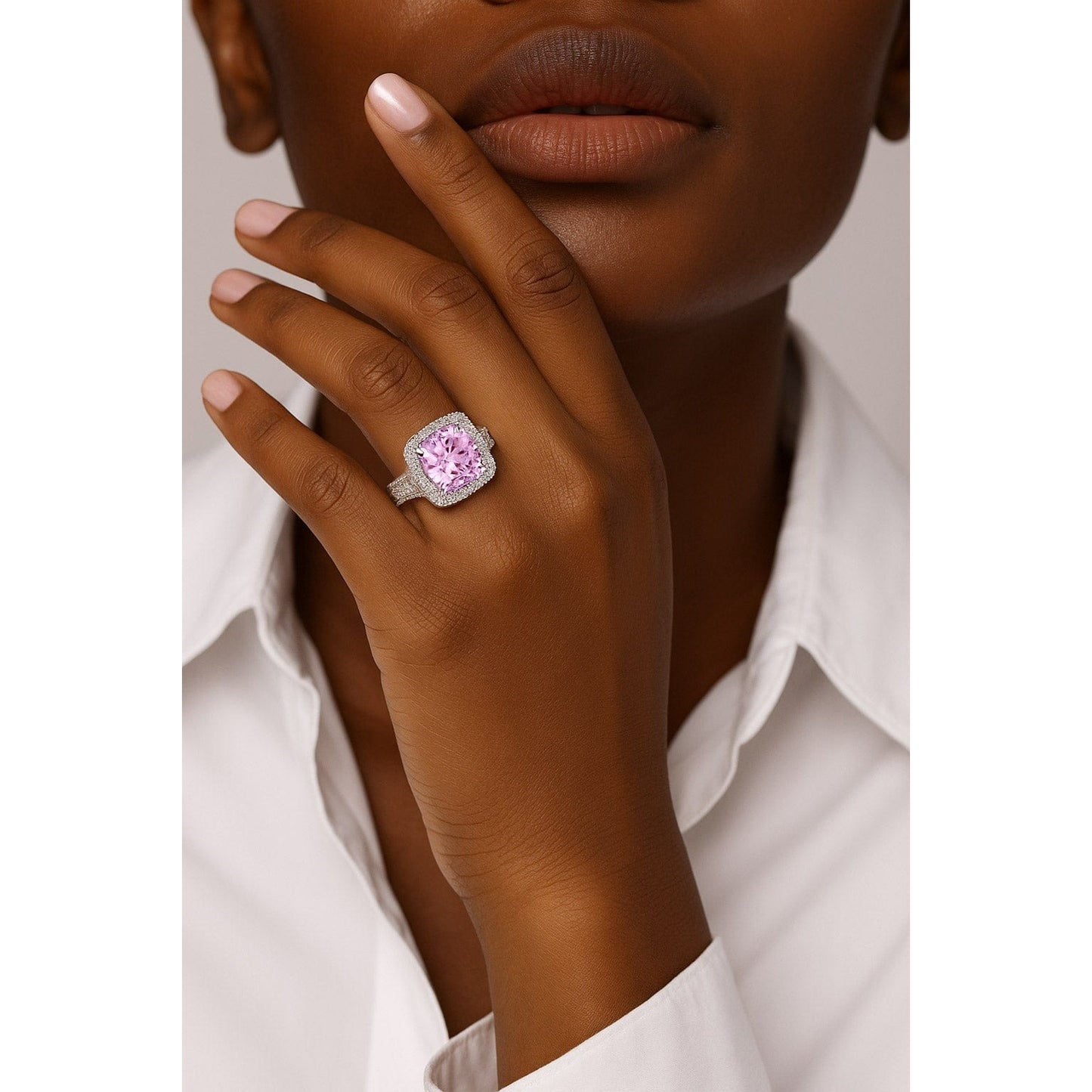 Cushion Modified Brilliant Cut Fancy Vivid Pink Ice-Frosted Sparkle Lab Zircon - Halo Classic Engagement Ring White Gold Plated