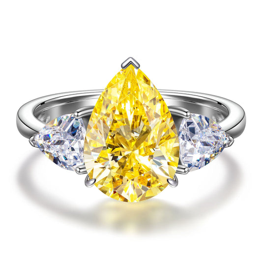 gona- Pear Modified Brilliant Cut Fancy Vivid Yellow Ice-Frosted Sparkle Lab Zircon - Three Stone Classic Engagement Ring White Gold Plated