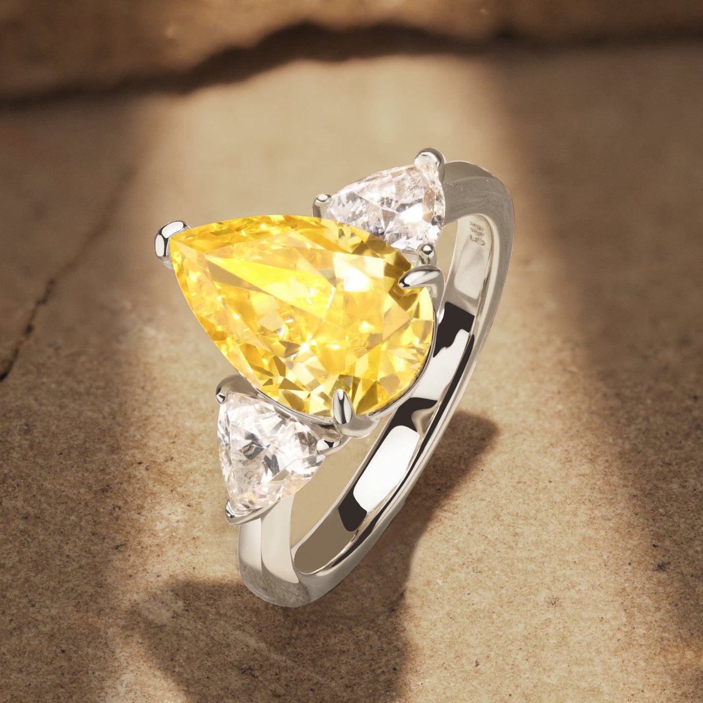 Pear Modified Brilliant Cut Fancy Vivid Yellow Ice-Frosted Sparkle Lab Zircon - Three Stone Classic Engagement Ring White Gold Plated