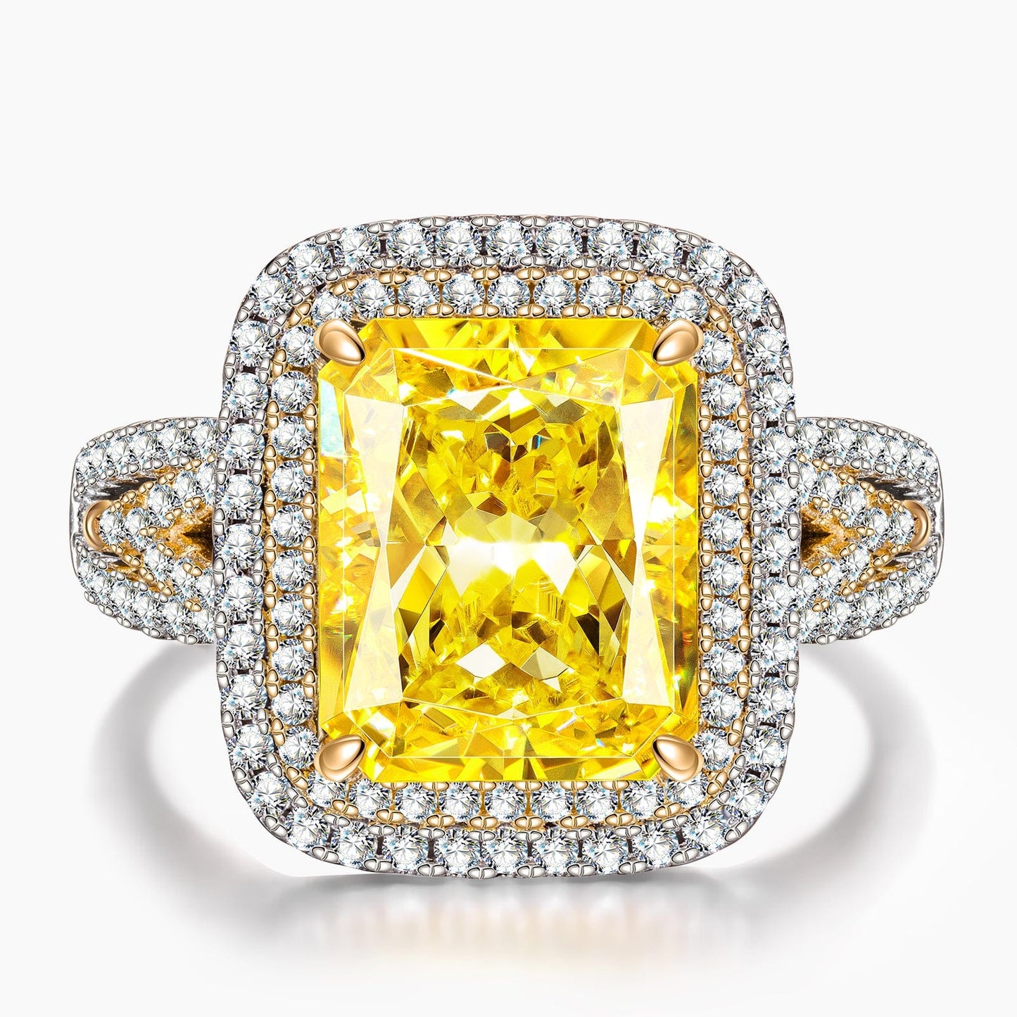 Radiant IceScape Crystal Cut Fancy Vivid Yellow Frostfire Zirconia - Halo Classic Engagement Ring White Gold Plated