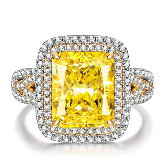 gona- Radiant Modified Brilliant Cut Fancy Vivid Yellow Ice-Frosted Sparkle Lab Zircon - Halo Classic Engagement Ring White Gold Plated