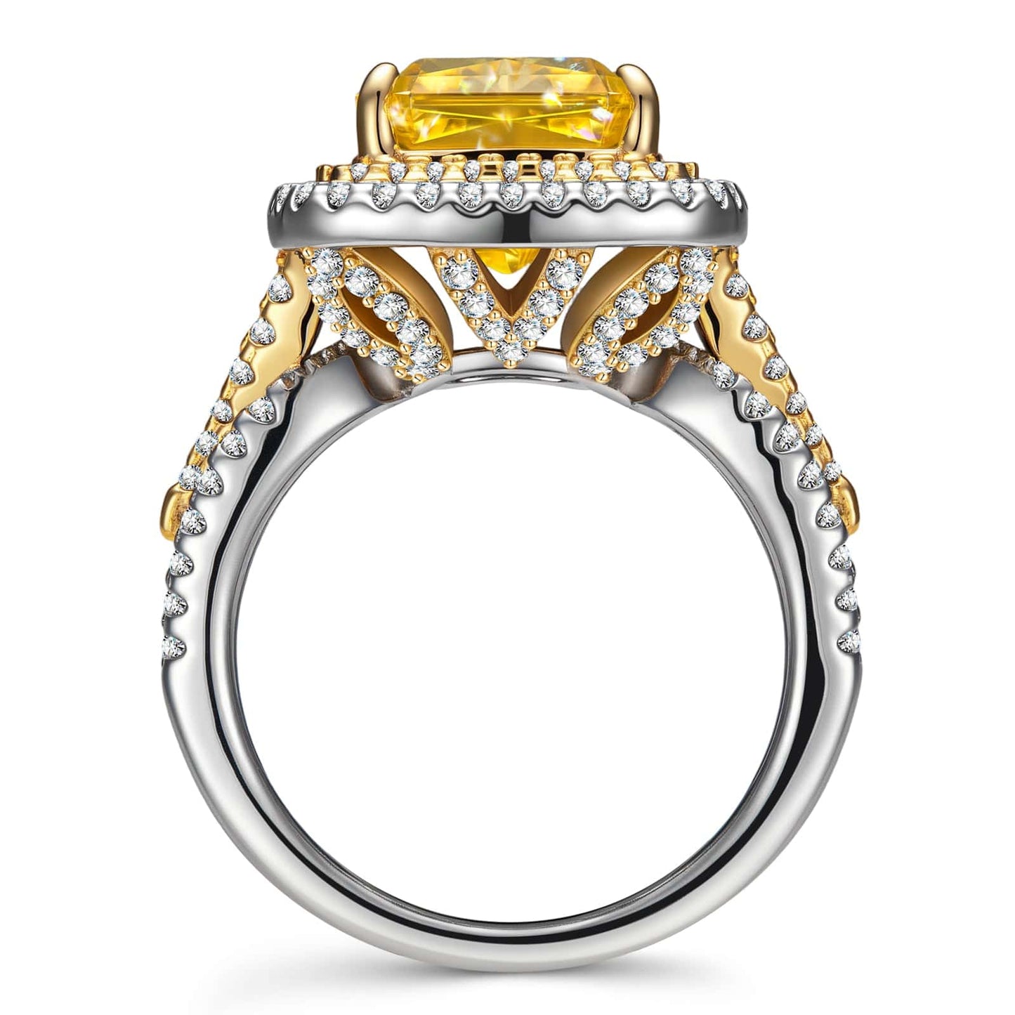 Radiant IceScape Crystal Cut Fancy Vivid Yellow Frostfire Zirconia - Halo Classic Engagement Ring White Gold Plated