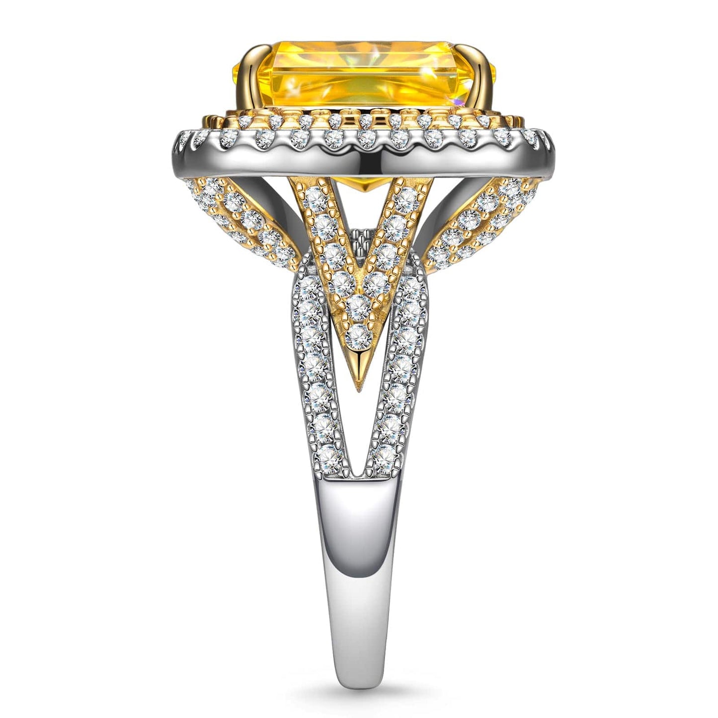 Radiant Modified Brilliant Cut Fancy Vivid Yellow Ice-Frosted Sparkle Lab Zircon - Halo Classic Engagement Ring White Gold Plated