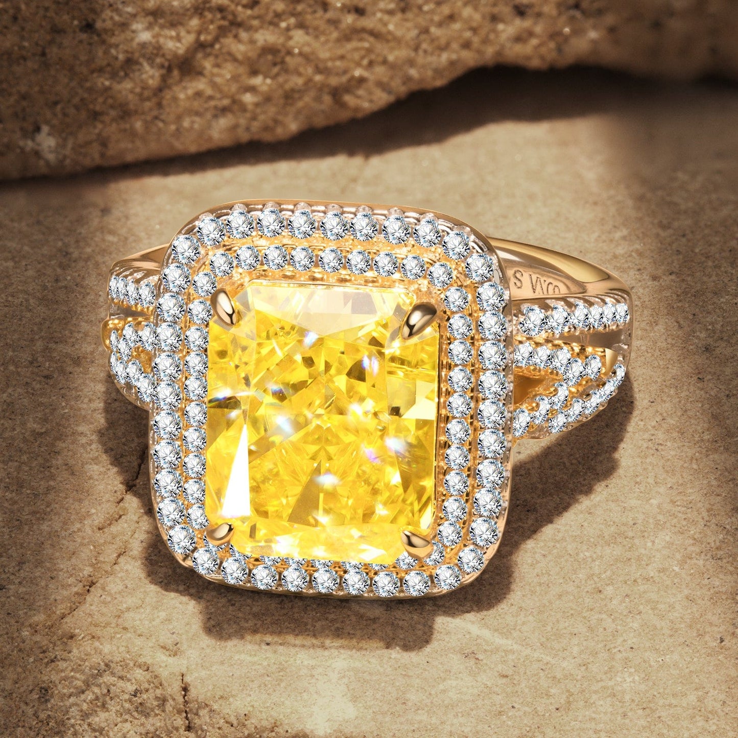 Radiant Modified Brilliant Cut Fancy Vivid Yellow Ice-Frosted Sparkle Lab Zircon - Halo Classic Engagement Ring White Gold Plated