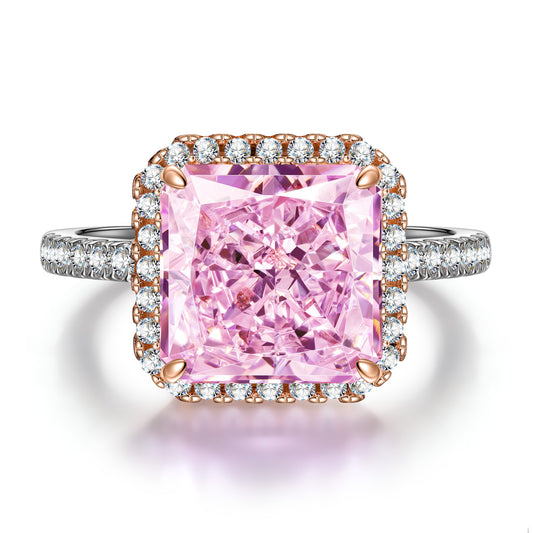 gona- Radiant Modified Brilliant Cut Fancy Vivid Pink Ice-Frosted Sparkle Lab Zircon - Halo Classic Engagement Ring White Gold Plated